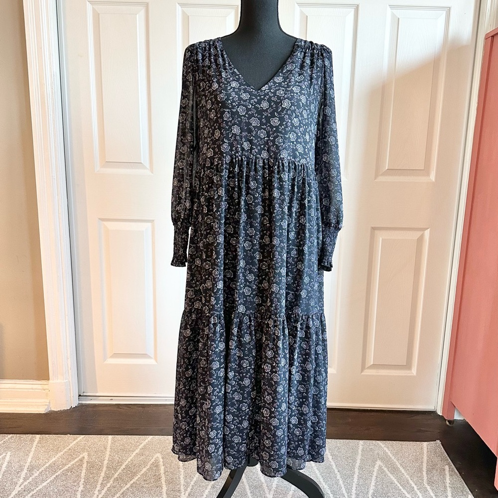 Madewell Black Floral Boho Tiered Maxi Dress